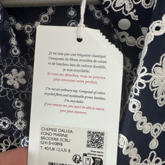 NWT Sezane Dahlia blouse in blue and white broderie size 40/US 8 - Picture 4 of 8